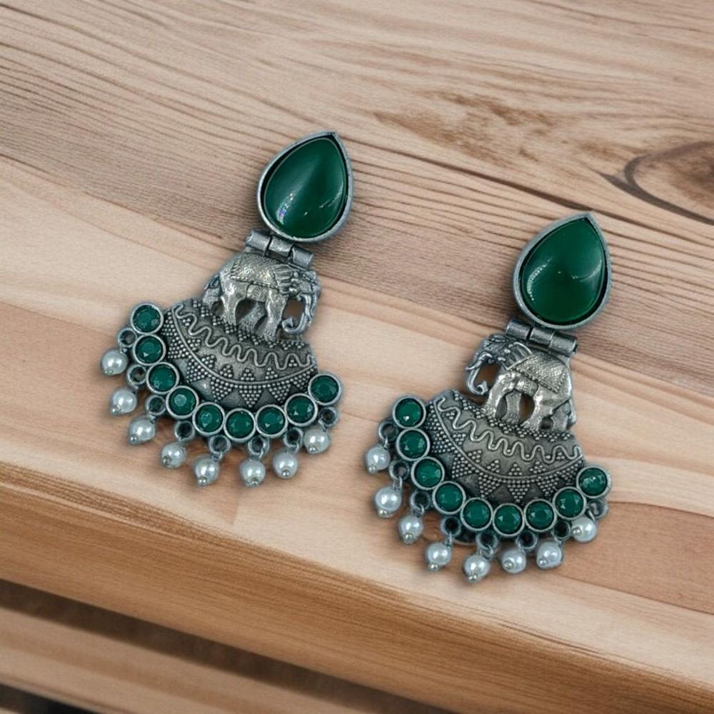 Maharani Jewels Oxidised Plated with Radiant Pota Stones and Elegant Pearls Dangler Earrings