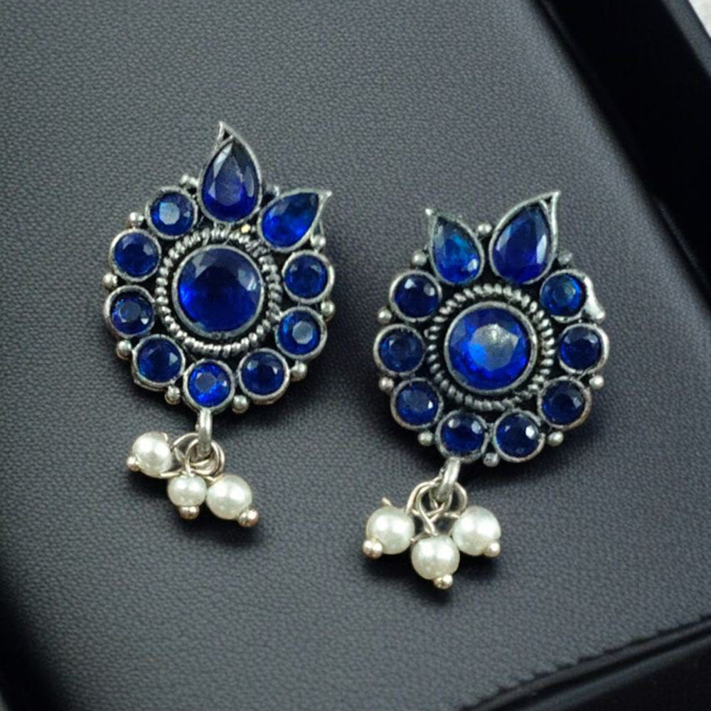 Maharani Oxidised Plated Pota Stone And Pearls Dangler Earrings
