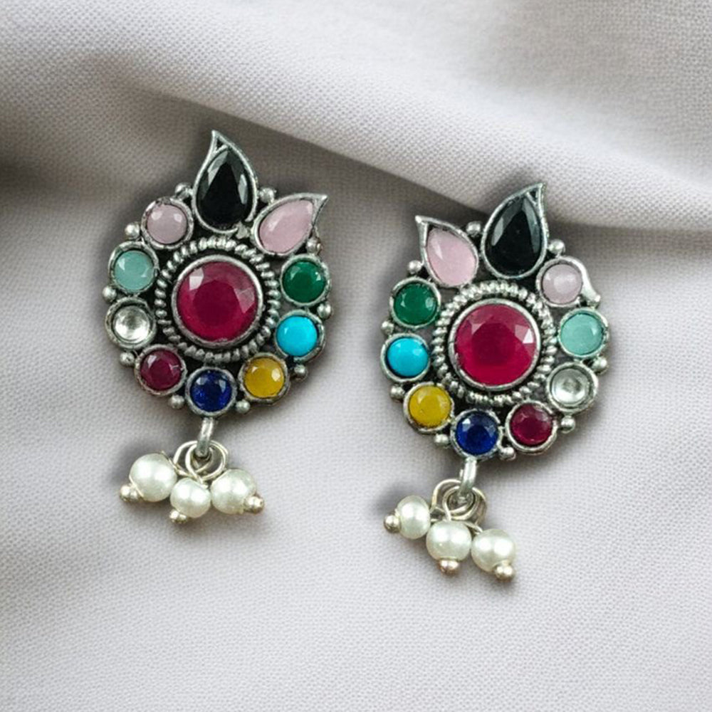 Maharani Oxidised Plated Pota Stone And Pearls Dangler Earrings