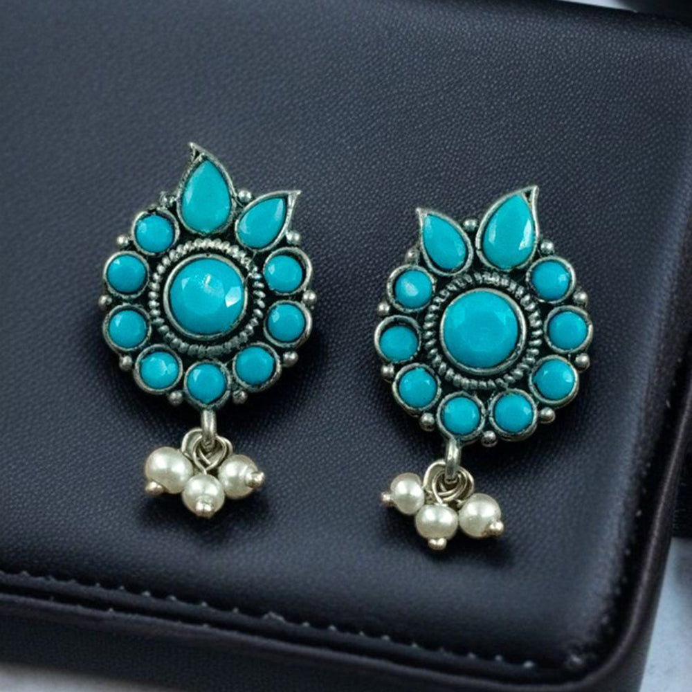 Maharani Oxidised Plated Pota Stone And Pearls Dangler Earrings