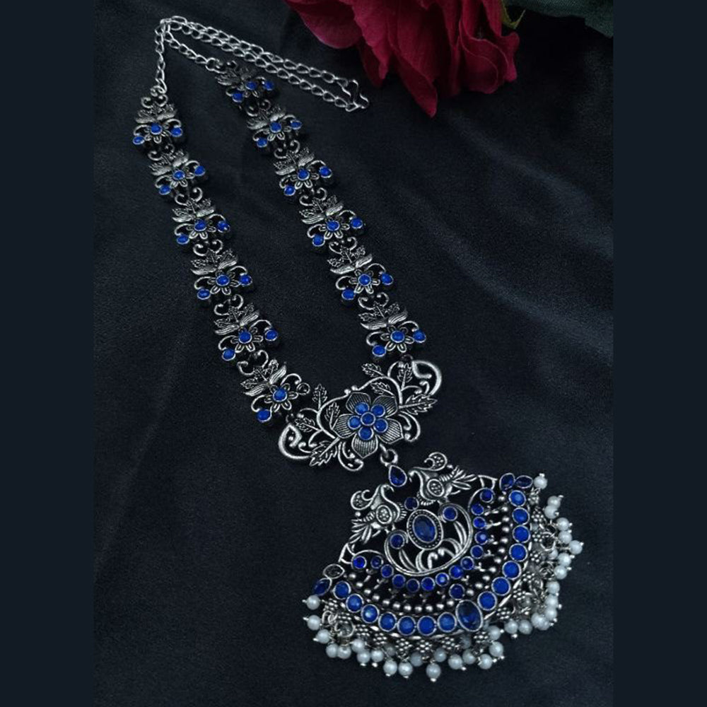 Maharani Jewels Oxidised Plated Pota Stone And Pearls Long Necklace Set