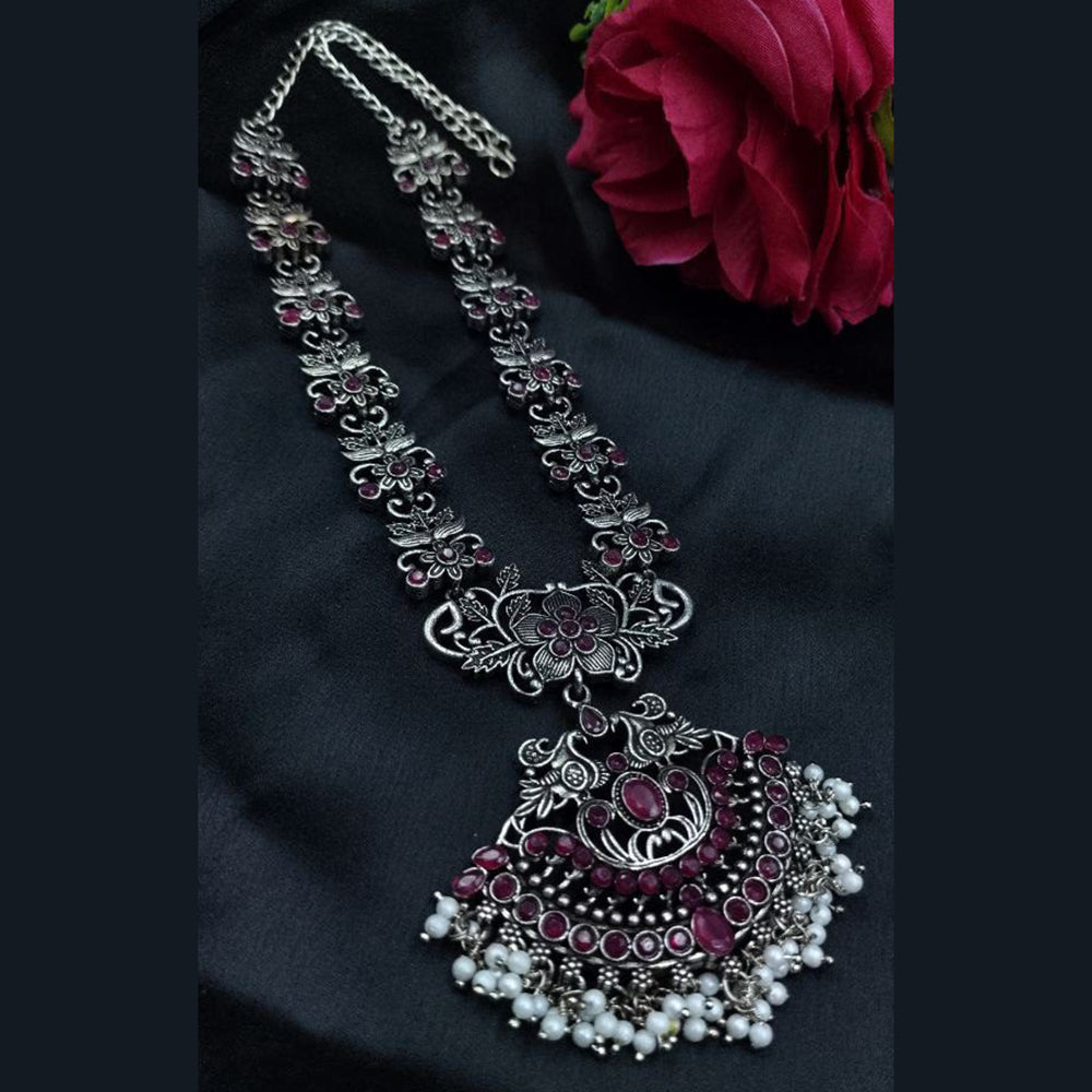 Maharani Jewels Oxidised Plated Pota Stone And Pearls Long Necklace Set