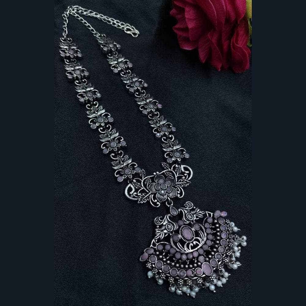 Maharani Jewels Oxidised Plated Pota Stone And Pearls Long Necklace Set