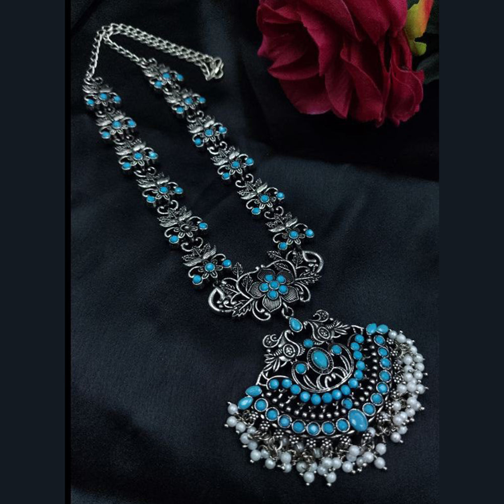 Maharani Jewels Oxidised Plated Pota Stone And Pearls Long Necklace Set