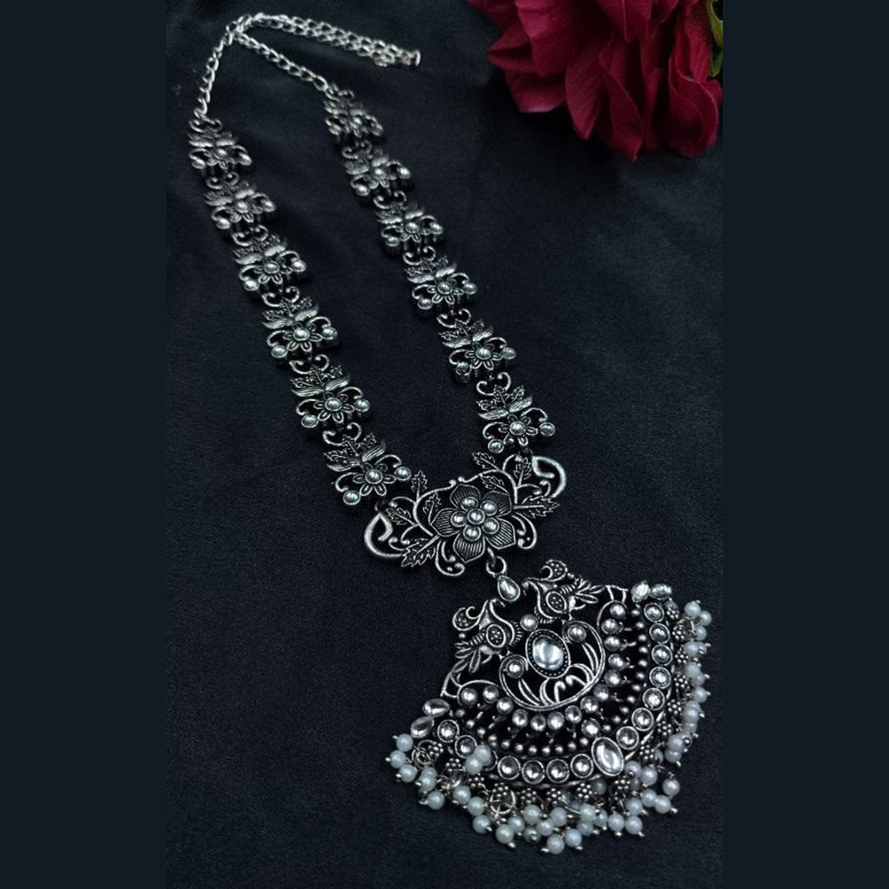 Maharani Jewels Oxidised Plated Pota Stone And Pearls Long Necklace Set