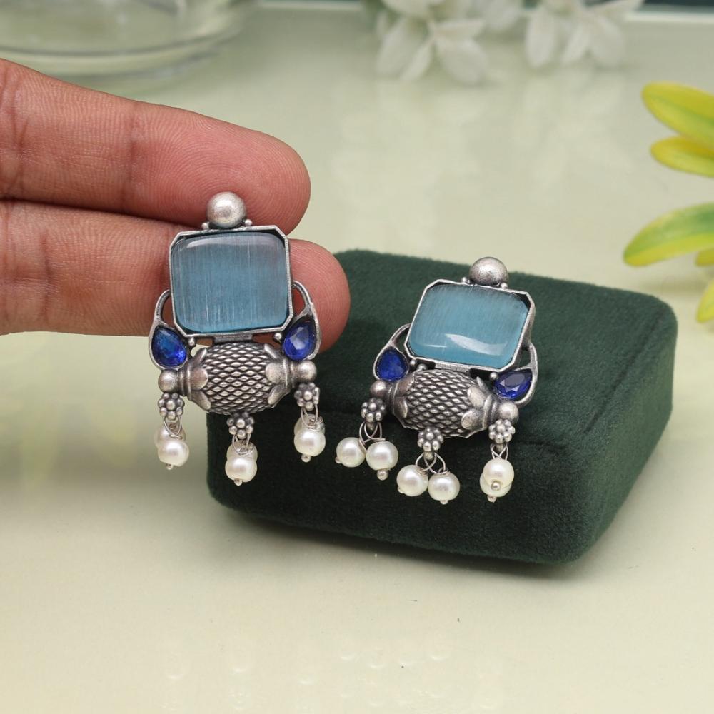 Maharani Jewels Oxidized Plated Pota Stone And Pearl Dangler Earrings (Assorted Color)