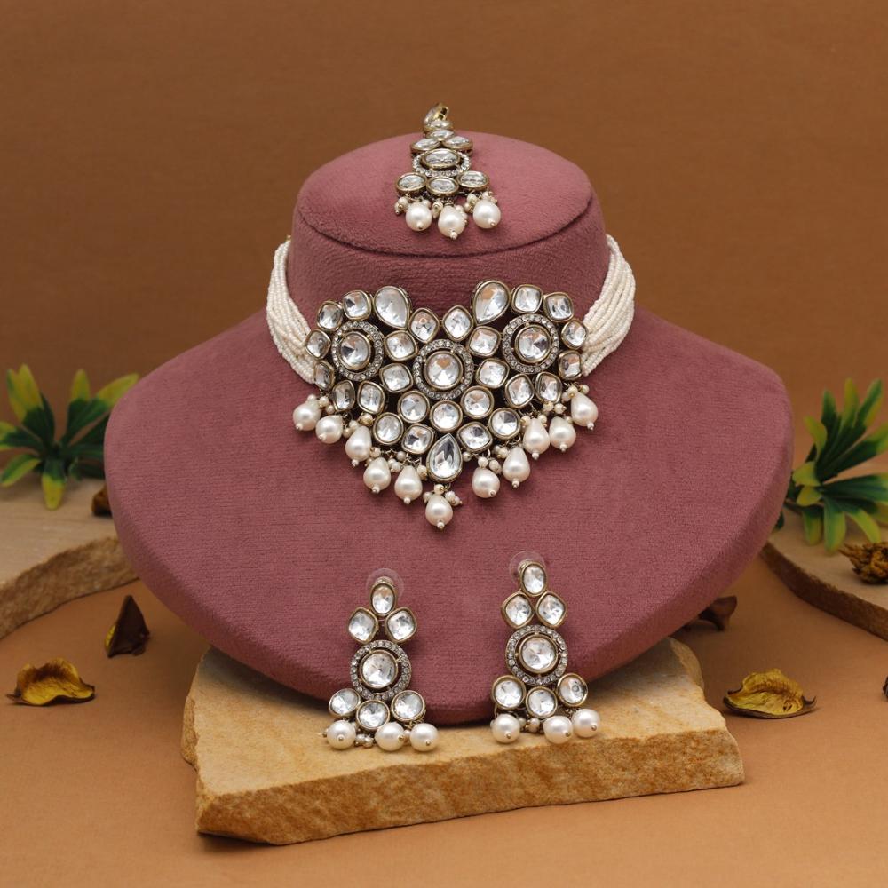 Maharani Jewels Gold Plated Kundan And Pearl Choker Necklace Set