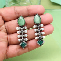 Maharani Oxidised Pota Stone And Pearls Dangler Earrings