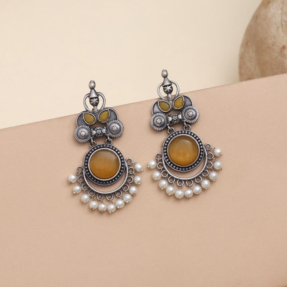 Maharani Oxidised Pota Stone And Pearls Dangler Earrings