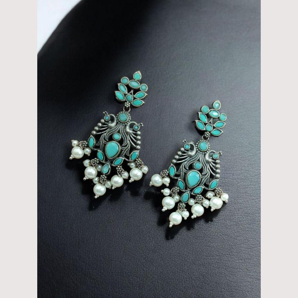 Maharani Oxidised Pota Stone And Pearls Dangler Earrings