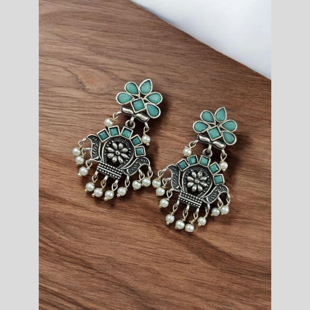 Maharani Royal Spark Oxidised Plated Pota Stone And Pearl Dangler Earrings
