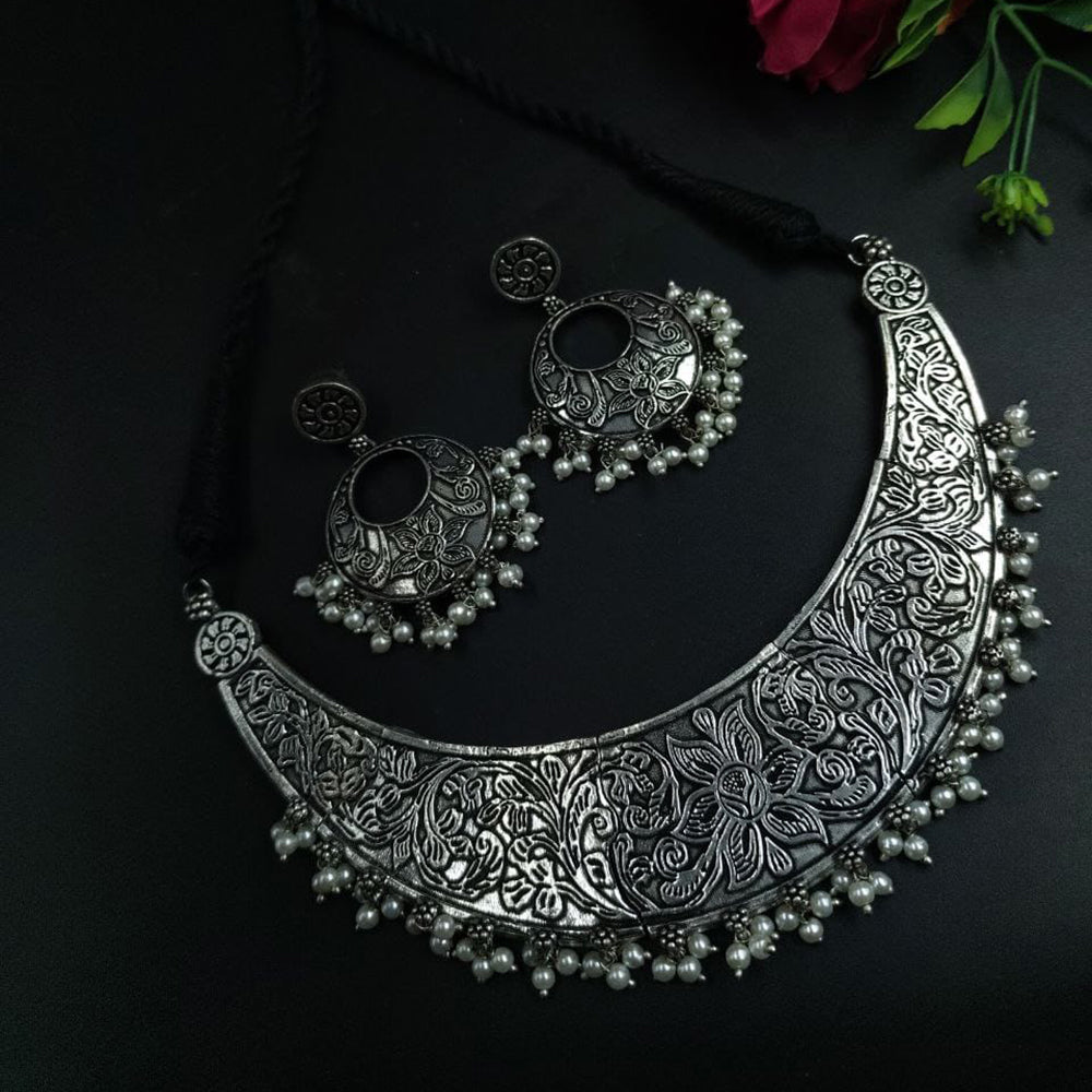 Maharani Jewels Royal Oxidised Finish Pearl Jewellery Necklace Set
