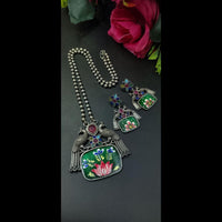 Maharani Jewels Oxidised Plated Peacock Design Pota Stone Necklace Set