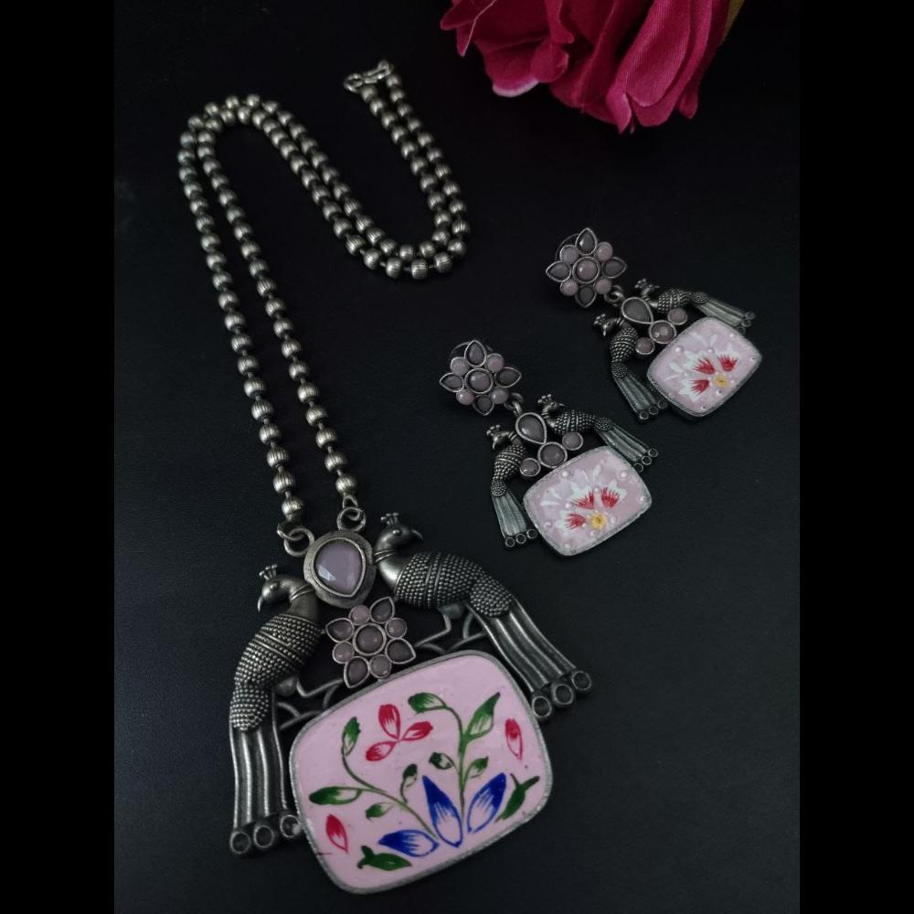 Maharani Jewels Oxidised Plated Peacock Design Pota Stone Necklace Set