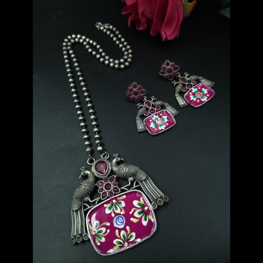 Maharani Jewels Oxidised Plated Peacock Design Pota Stone Necklace Set
