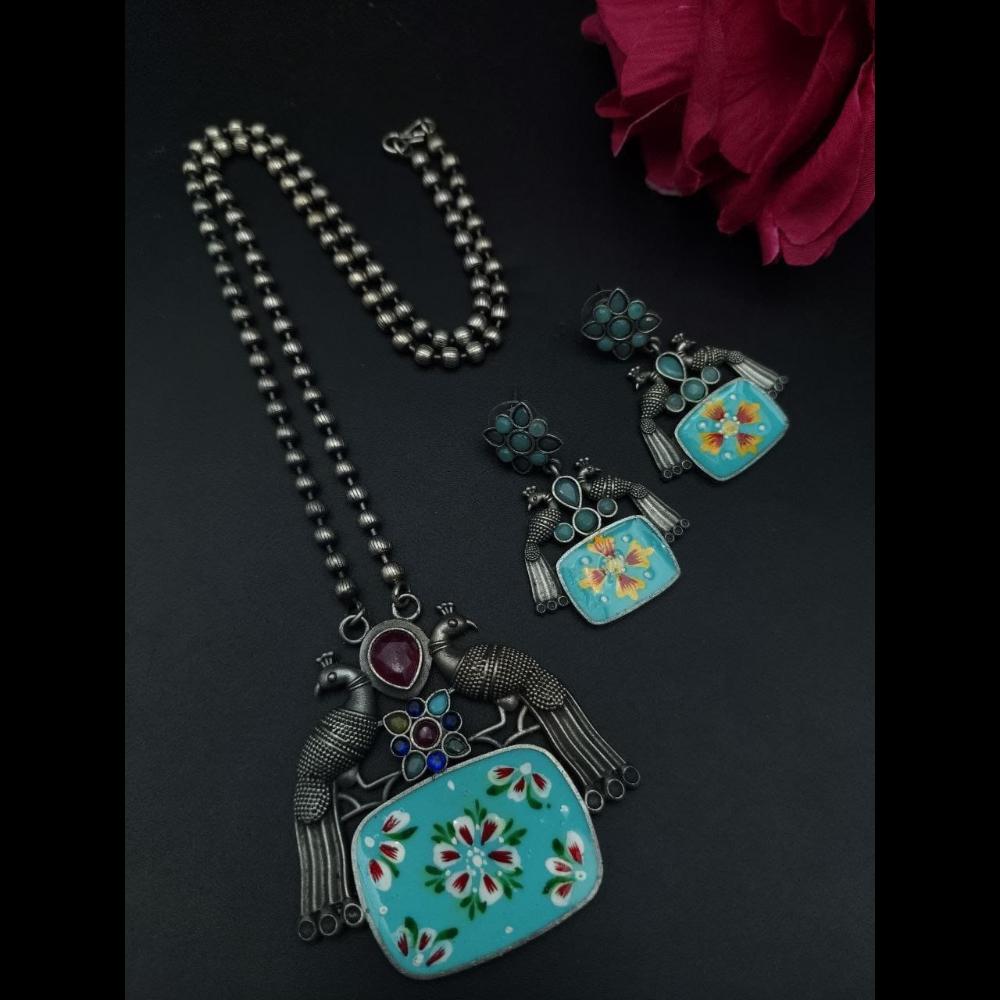 Maharani Jewels Oxidised Plated Peacock Design Pota Stone Necklace Set