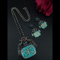 Maharani Jewels Oxidised Plated Peacock Design Pota Stone Necklace Set