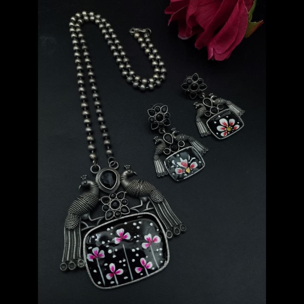 Maharani Jewels Oxidised Plated Peacock Design Pota Stone Necklace Set