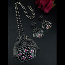 Maharani Jewels Oxidised Plated Peacock Design Pota Stone Necklace Set