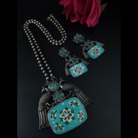 Maharani Jewels Oxidised Plated Peacock Design Pota Stone Necklace Set