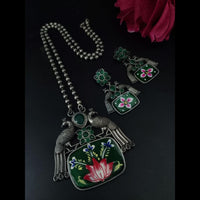 Maharani Jewels Oxidised Plated Peacock Design Pota Stone Necklace Set