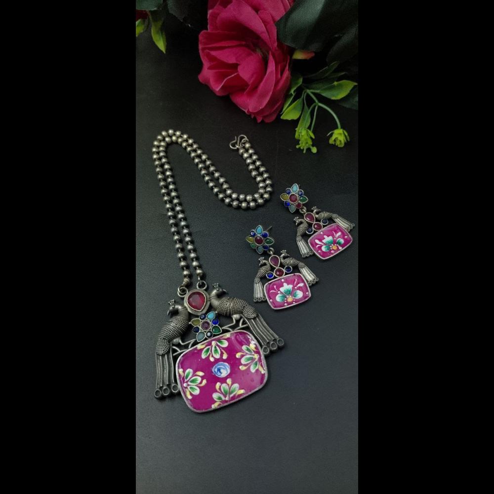 Maharani Jewels Oxidised Plated Peacock Design Pota Stone Necklace Set