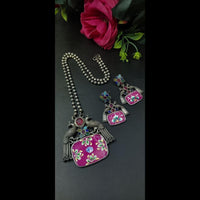 Maharani Jewels Oxidised Plated Peacock Design Pota Stone Necklace Set