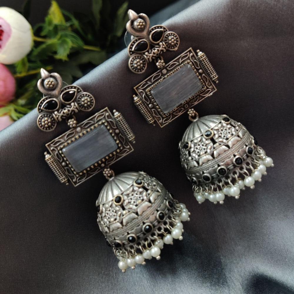 Maharani Jewels Oxidised Plated Ethnic Pota Stone And Pearl Jhumki Earrings