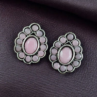 Maharani Jewels Oxidised Plated Monalisa Stone Stud Earrings For Enthic Wear