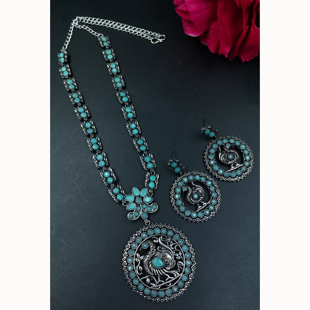 Maharani Jewels Elegant Oxidised Plated Peacock Design Pota Stone Necklace Set