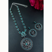 Maharani Jewels Elegant Oxidised Plated Peacock Design Pota Stone Necklace Set