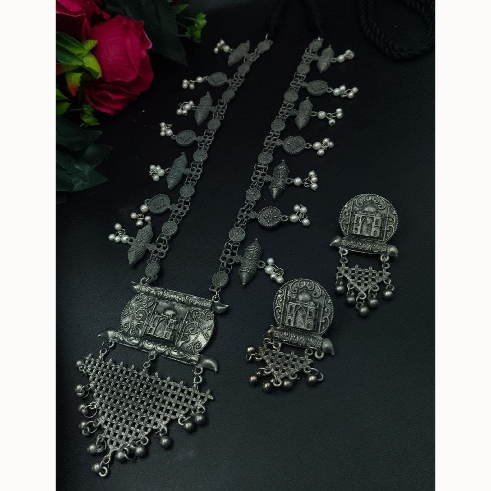 Maharani Jewels Regal Glow Oxidised Plated Pearls Necklace Set