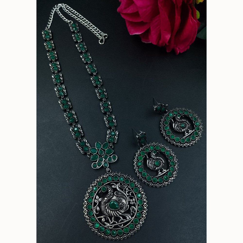 Maharani Jewels Elegant Oxidised Plated Peacock Design Pota Stone Necklace Set