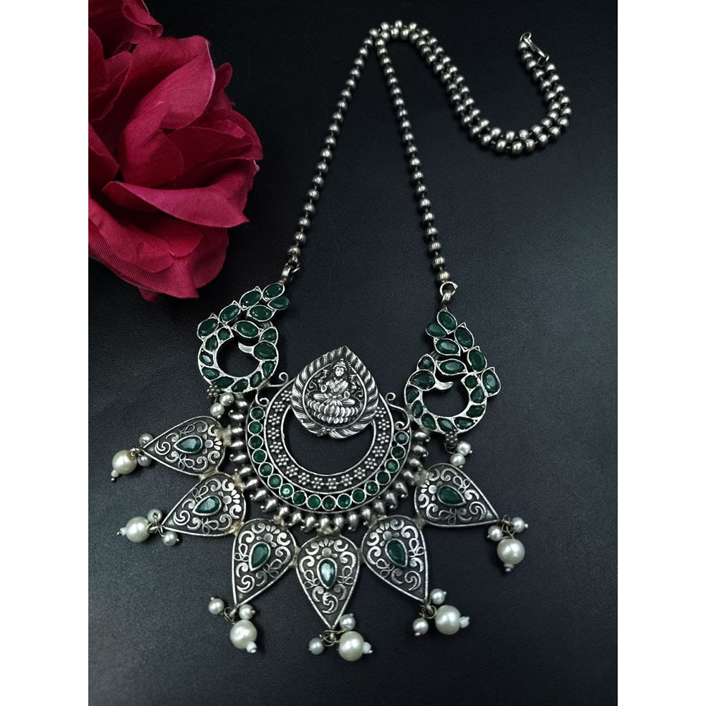 Maharani Jewels Designer Oxidised Plated Pota Stone And Pearl Temple Long Necklace