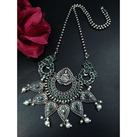 Maharani Jewels Designer Oxidised Plated Pota Stone And Pearl Temple Long Necklace