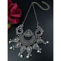 Maharani Jewels Designer Oxidised Plated Pota Stone And Pearl Temple Long Necklace