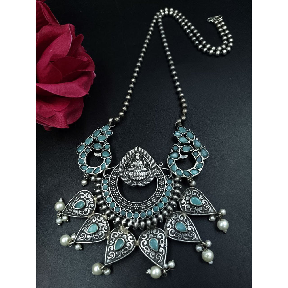 Maharani Jewels Designer Oxidised Plated Pota Stone And Pearl Temple Long Necklace