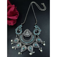 Maharani Jewels Designer Oxidised Plated Pota Stone And Pearl Temple Long Necklace