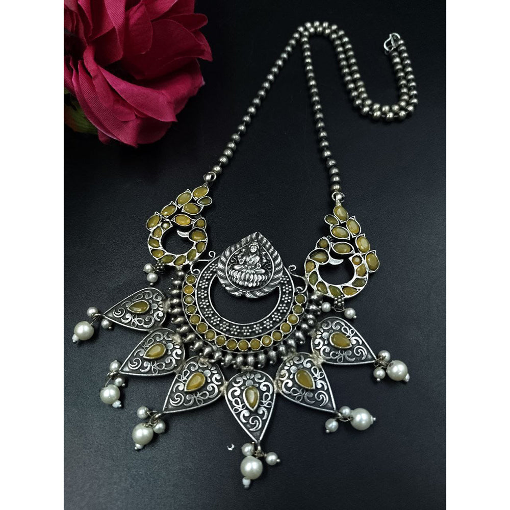 Maharani Jewels Designer Oxidised Plated Pota Stone And Pearl Temple Long Necklace