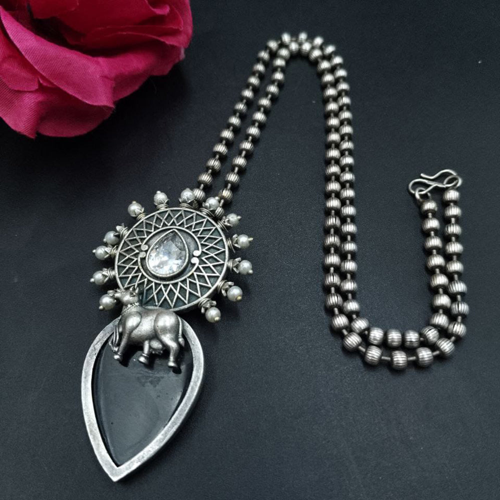Maharani Jewels Designer Oxidised Plated Pota Stone And Pearl Long Necklace