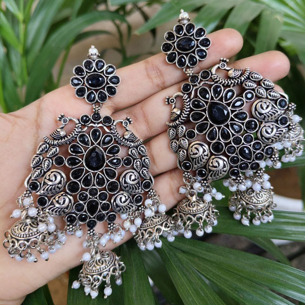 Maharani Jewels Oxidised Plated Pota Stone And Pearl Jhumki Earrings