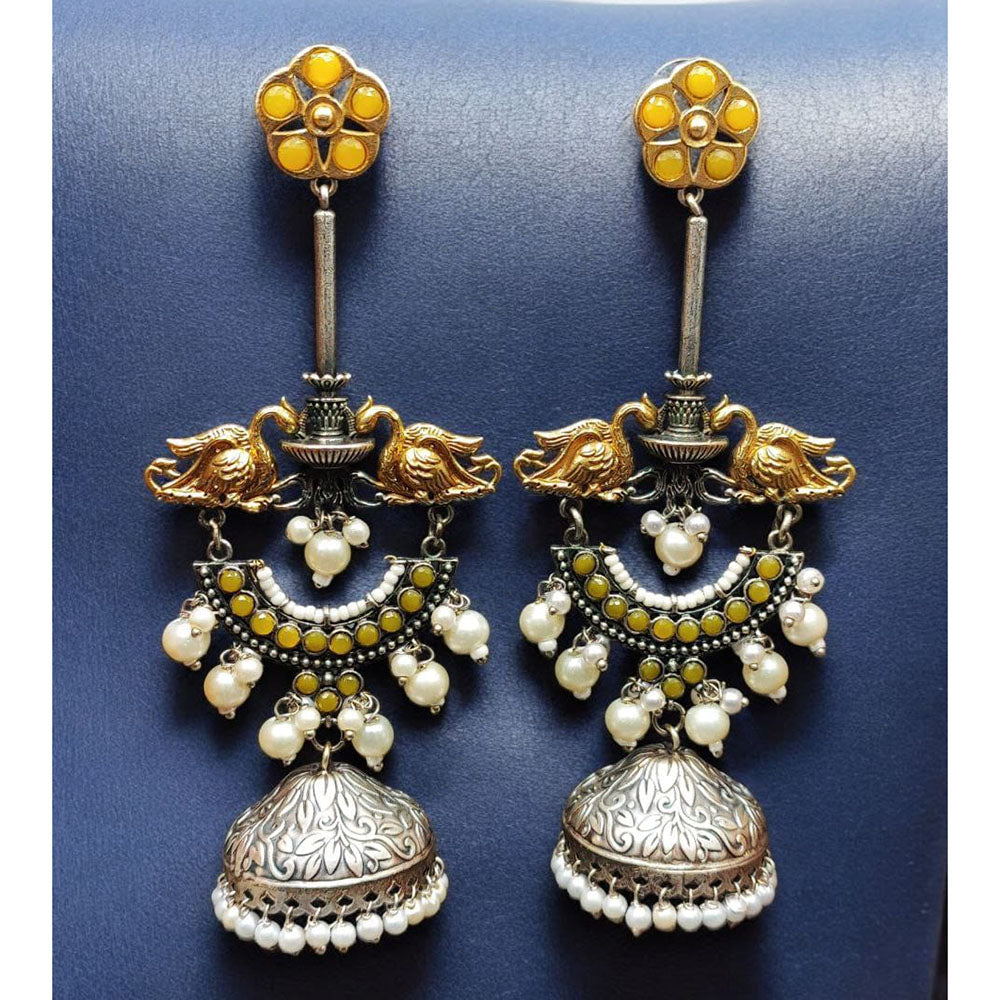 Maharani Jewels Regal Finish 2-Tone Plated Pota Stone And Pearl Jhumki Earrings