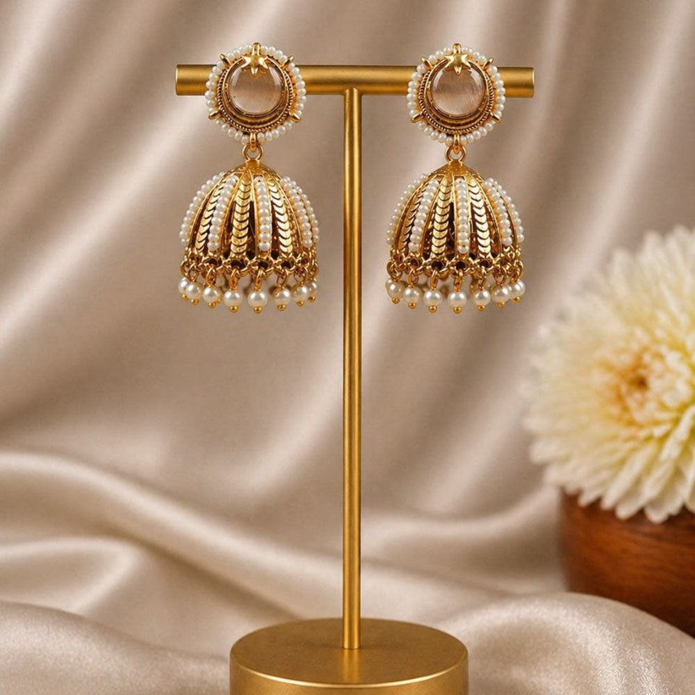 Maharani Jewels Timeless Pota Stone And Pearl Jhumki Earrings