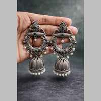 Maharani Jewels Heritage Oxidised Plated Pota Stone Pearl Jhumki Earrings