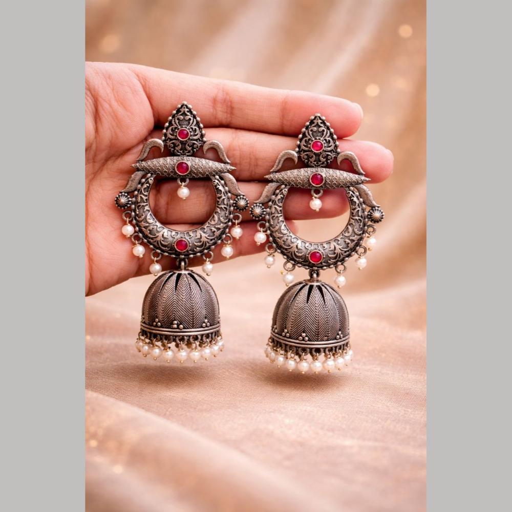 Maharani Jewels Heritage Oxidised Plated Pota Stone Pearl Jhumki Earrings