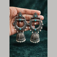 Maharani Jewels Heritage Oxidised Plated Pota Stone Pearl Jhumki Earrings