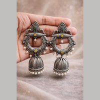 Maharani Jewels Heritage Oxidised Plated Pota Stone Pearl Jhumki Earrings