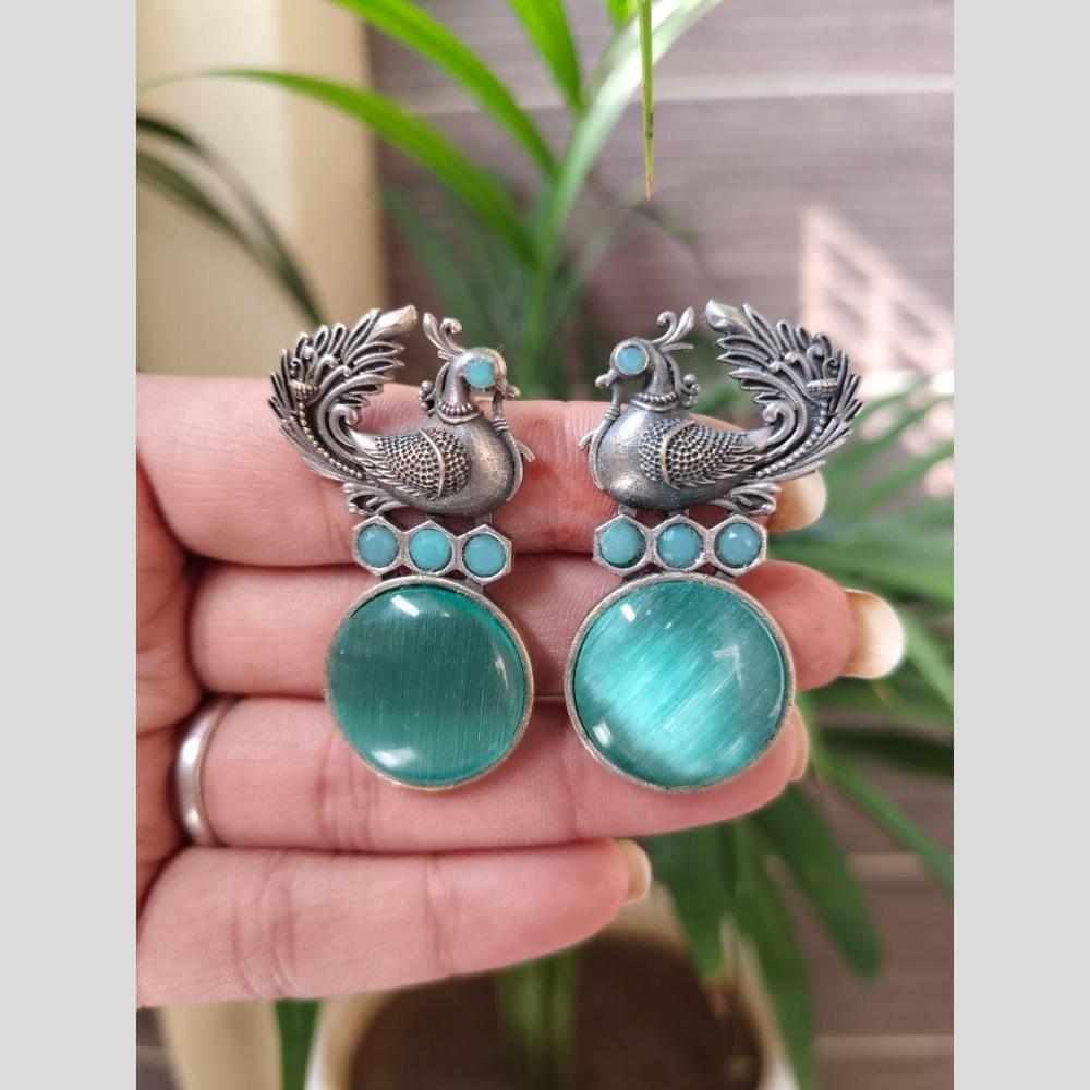 Maharani Jewels Inspired Oxidised Plated Pota And Pearl Detailing Bird Dangler Earrings