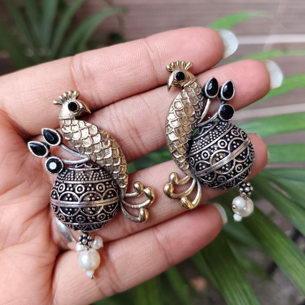 Maharani Jewels Inspired Oxidised Plated Pota And Pearl Detailing Peacock  Dangler Earrings