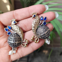 Maharani Jewels Inspired Oxidised Plated Pota And Pearl Detailing Peacock  Dangler Earrings